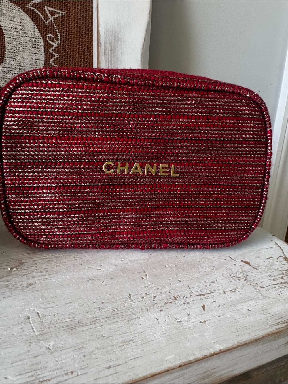 CHANEL Red Woven Cosmetic Case with Gold Logo